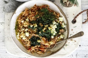 
Jill Dupleix's Tomato risoni with feta, walnuts and honey.
