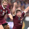 Harry Grant of the Maroons celebrates a try in Origin III.