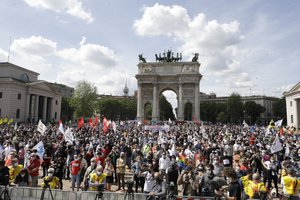 FILE - In this Saturday, May 8, 2021 file photo, people gather to support the so-called Zan Law, named for a Democratic Party lawmaker and gay rights activist Alessandro Za