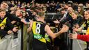 Jack Riewoldt of the Tigers high fives fans after winning the round seven AFL match between the Richmond Tigers and the Western Bulldogs at Melbourne Cricket Ground on April 30, 2021 in Melbourne, Australia. (Photo by Quinn Rooney/Getty Images)