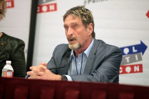 John McAfee speaking at the 2016 Politicon at the Pasadena Convention Center in Pasadena, California