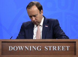 Britain's Health Secretary Matt Hancock speaks during a coronavirus media briefing in Downing Street in London, Thursday, May 27, 2021