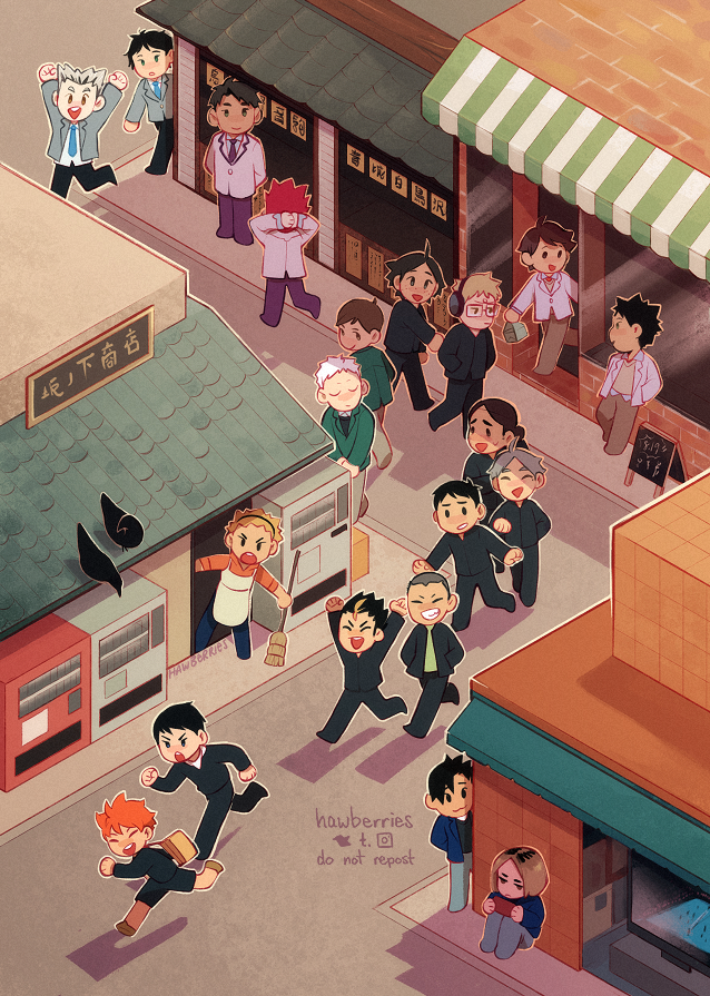 hawberries:
“We always take Mondays off! A piece I did for the cover of @offthecourtzine, which is available here til 21/sept/2020.
[image is a stylized, isometric drawing of what looks to be a street in Miyagi filled with chibi characters. Ukai is...