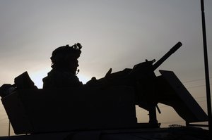 A US Army (USA) Soldier, Delta Company (D Co), 1ST Battalion (BN), 502nd Infantry Regiment (1-502nd), 101 Airborne Division (Air Assault), sits in the roof turret of an armored vehi - DPLA