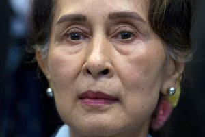 In this Dec. 11, 2019, file photo, Myanmar's leader Aung San Suu Kyi waits to address judges of the International Court of Justice in The Hague, Netherlands