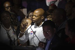 Democratic mayoral candidate Eric Adams speaks at his primary night election party, Tuesday, June 22, 2021, in New York