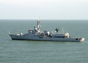 The Dutch Navy frigate Van Amstel (F 831) conducts operations near the coast of Biloxi, Mississippi as part of the Hurricane Katrina relief effort.