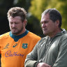 Michael Hooper (left), James Slipper (centre) and Dave Rennie (right) on Tuesday at Sanctuary Cove. 