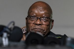 Former president Jacob Zuma addresses the press at his home in Nkandla, KwaZulu-Natal Natal Province, Sunday, July 4, 2021