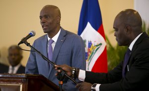 Haiti's President Jovenel Moise gives a press conference about the closing of the 50th parliament at the National Palace in Port-au-Prince, Haiti, Monday, Jan. 13, 2020