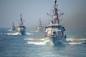 ARABIAN GULF (April 8, 2014) - Patrol Coastal ship USS Firebolt (PC 10) leads other PCs during a formation exercise, April 8