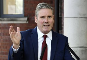 In this Tuesday, Sept. 22, 2020 file photo, Britain's Labour leader Keir Starmer delivers his keynote speech, during the party's online conference from the Danum Gallery, Library and Museum in Doncaster, England.