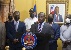 Interim President Claude Joseph speaks during a press conference at his residence in Port-au-Prince, Haiti, Thursday, July 8, 2021