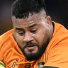 Replacement prop Taniela Tupou makes a ferocious charge late in the match.