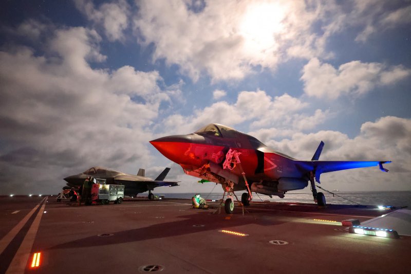 F-35B jets pictured on HMS Queen Elizabeth at night.