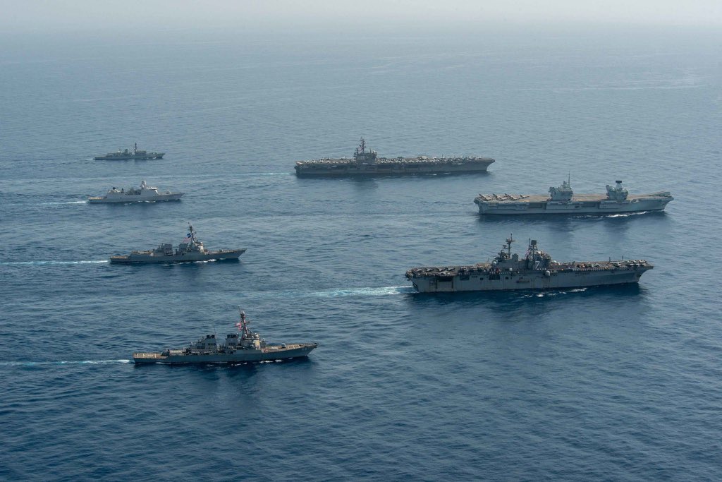 USS Ronald Reagan and HMS Queen Elizabeth, with accompanying ships.