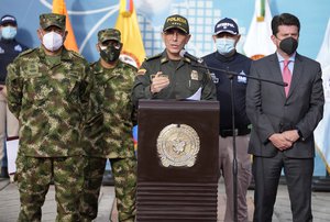 National Police Director Gen. Jorge Luis Vargas speaks to the media regarding the alleged participation of former Colombian soldiers in the assassination of Haiti's President Jovenel Moise in Bogota, Colombia, Monday, July 12, 2021