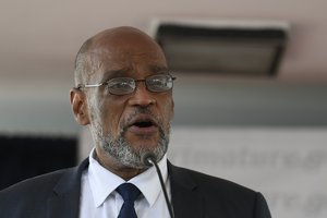 Ariel Henry speaks during his appointment as the new Prime Minister in Port-au-Prince, Haiti, Tuesday, July 20, 2021