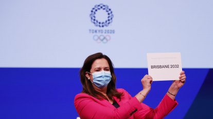 TOKYO, JAPAN - JULY 21:  The Honourable Annastacia Palaszczuk MP, celebrates after Brisbane was announced as the 2032 Summer Olympics host city during the 138th IOC Session at Hotel Okura on July 21, 2021 in Tokyo, Japan.  (Photo by Toru Hanai/Getty Images)