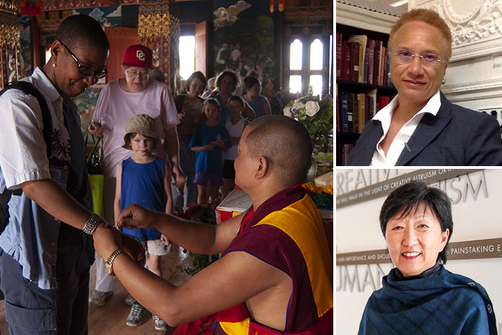 On the left, a monk ties a string around a person's wrist. A line of people wait in the background to receive the same. On the right, two headshots of two women.