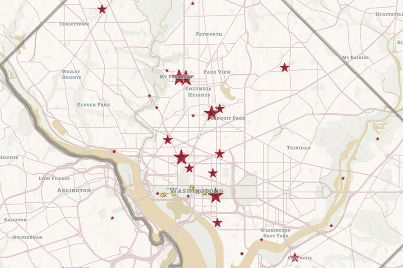 Map of DC showing user-submitted images and recordings with red star markers.