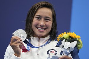 Erica Sullivan of the United States poses with silver medal for the women's 1500-meters freestyle final at the 2020 Summer Olympics, Wednesday, July 28, 2021