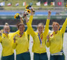 Olympic champions Lucy Stephan, Rosemary Popa, Jessica Morrison and Annabelle McIntyre after winning the women’s four