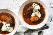 Roast pumpkin and yam with tomato, pea and chilli sauce.