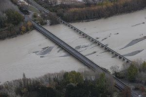 An aerial view shows the Ashburton bridge damaged in recent flooding south of Christchurch, New Zealand, Tuesday, June 1, 2021.