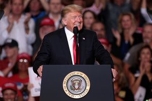 President of the United States Donald Trump speaking with supporters at a Make America Great Again campaign rally at International Air Response Hangar at Phoenix-Mesa Gateway Airport in Mesa, Arizona, 19 October 2018.