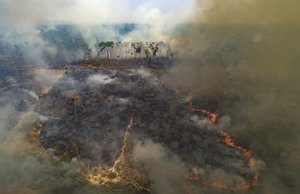 File - Fire consumes land deforested by cattle farmers near Novo Progresso, Para state, Brazil, Sunday, Aug. 23, 2020. Under military command, Brazil's once-effective investigation and prosecution of illegal rainforest destruction by ranchers, farmers and miners has come to a virtual halt