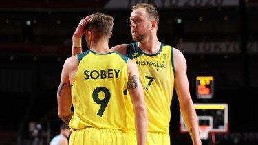 Boomers veteran Joe Ingles with teammate Nathan Sobey.