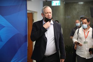 Israeli Defense Minister Benny Gantz attends a cabinet meeting at the prime minister's office in Jerusalem, Sunday, August 1, 2021.