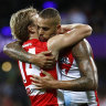 Lance Franklin and Callum Mills celebrate another win in 2021.
