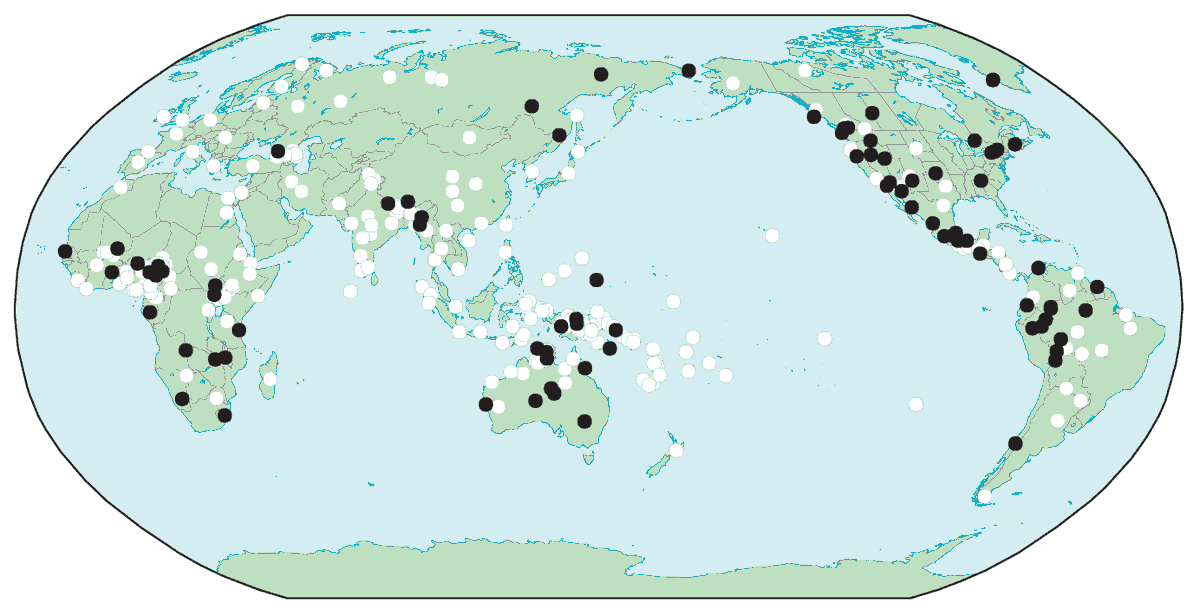 Map showing languages with Associated Motion - 83 of 325 languages.