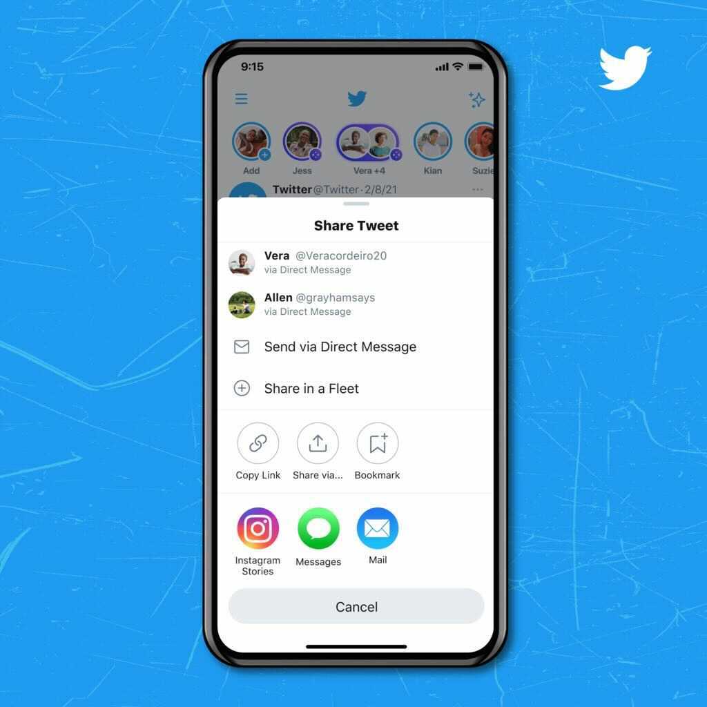 A phone that shows the "Share Tweet" prompt on Twitter and the option to share to Instagram Stories.