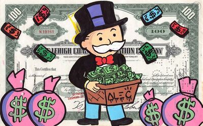 Alec Monopoly, ‘Monopoly holding $box with pink $ bags’, 2020