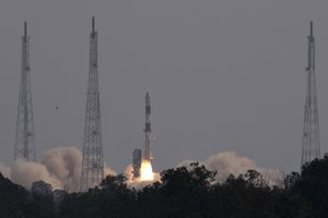 This photograph released by the Indian Space Research Organization (ISRO) shows its Polar Satellite Launch Vehicle