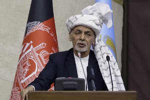 In this March 6, 2021, file photo, Afghan President Ashraf Ghani speaks during the opening ceremony of the new legislative session of the Parliament in Kabul, Afghanistan