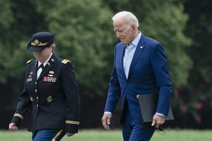 President Joe Biden arrives at Fort Lesley J. McNair in Washington in Washington, Monday, Aug. 16, 2021