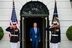 President Joe Biden delivers remarks to essential and frontline workers and military families attending the Fourth of July celebration, Sunday, July 4, 2021, on the South Lawn of the White House.