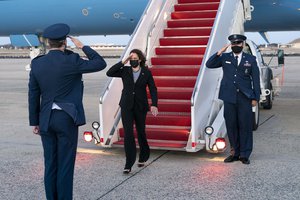 Vice President Kamala Harris disembarks Air Force Two at Joint Base Andrews, Maryland Friday, March 26, 2021, and departs en route to Blair House in Washington, D.C.