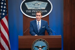 Pentagon Press Secretary John F. Kirby speaks at a press briefing on the Afghanistan withdrawal at the Pentagon, Washington, D.C., Aug. 16, 2021