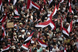 Hundreds of thousands of Yemenis march in support of a new combined governing council that the Shiite Houthi rebels and and their ally, former president Ali Abdullah Saleh, announced late last month, in the rebel-held capital, Sanaa, Yemen, Saturday, Aug. 20, 2016