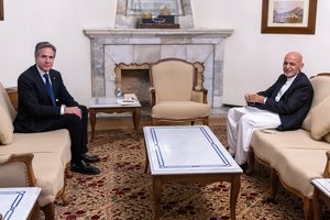 Secretary of State Antony J. Blinken meets with Afghan President Ashraf Ghani in Kabul, Afghanistan on April 15, 2021.