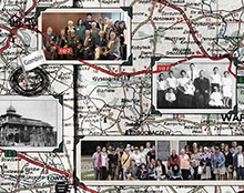 Collage of a map of Poland in the background, with old and new family photo “mounted” on top.