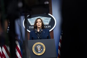 Vice President Kamala Harris delivers remarks in a press event with President Joe Biden and Secretary of Defense Lloyd J. Austin III, the Pentagon, Washington, D.C., Feb. 10, 2021.