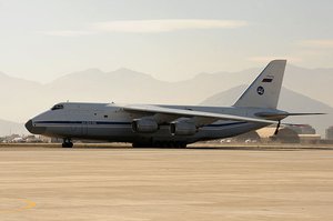 Transport aircraft, carrying three new Afghan Mi 17s, taxis after landing at Kabul International Airport