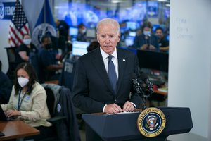 President Joe Biden speaks at the National Response Coordination Center at FEMA headquarters, Sunday, Aug. 29, 2021, in Washington