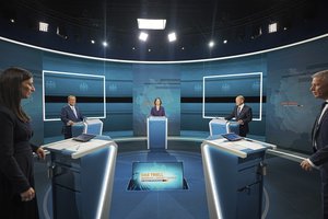 Candidates for chancellor from left, Armin Laschet, Annalena Baerbock and Olaf Scholz stand before the broadcast in the TV studio in Berlin, Sunday, Aug. 29, 2021